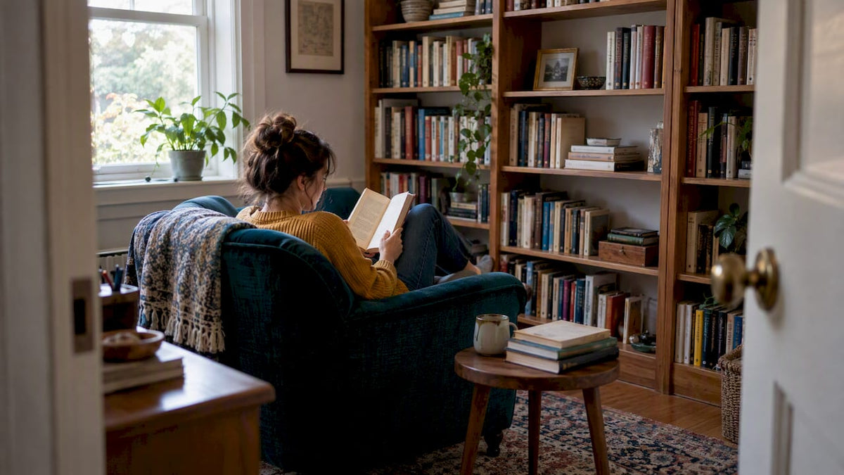 Lived-in home library with deep teal chair