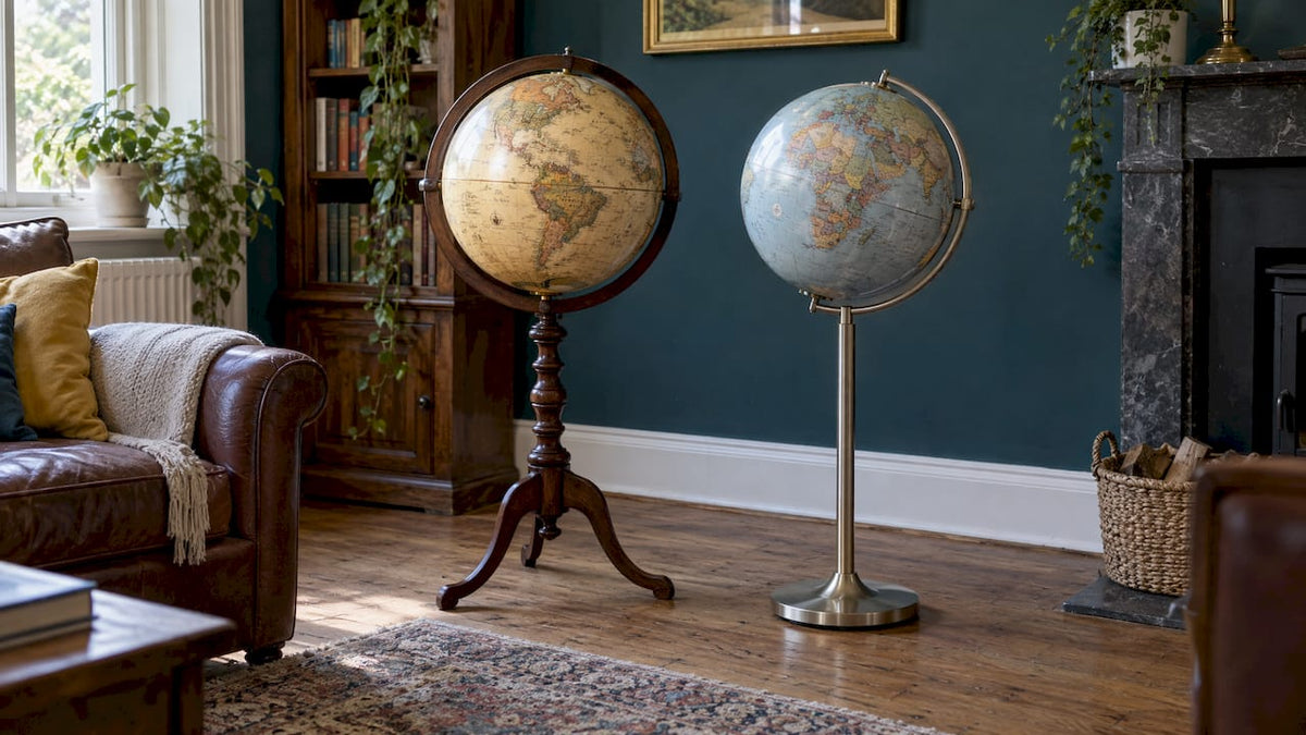 Wood and metal globe stands side by side