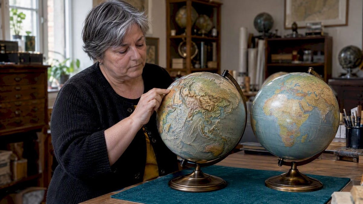 Hand comparing raised and smooth globe surfaces