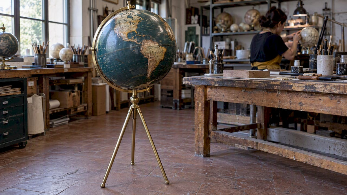 Brass tripod globe in an Italian workshop
