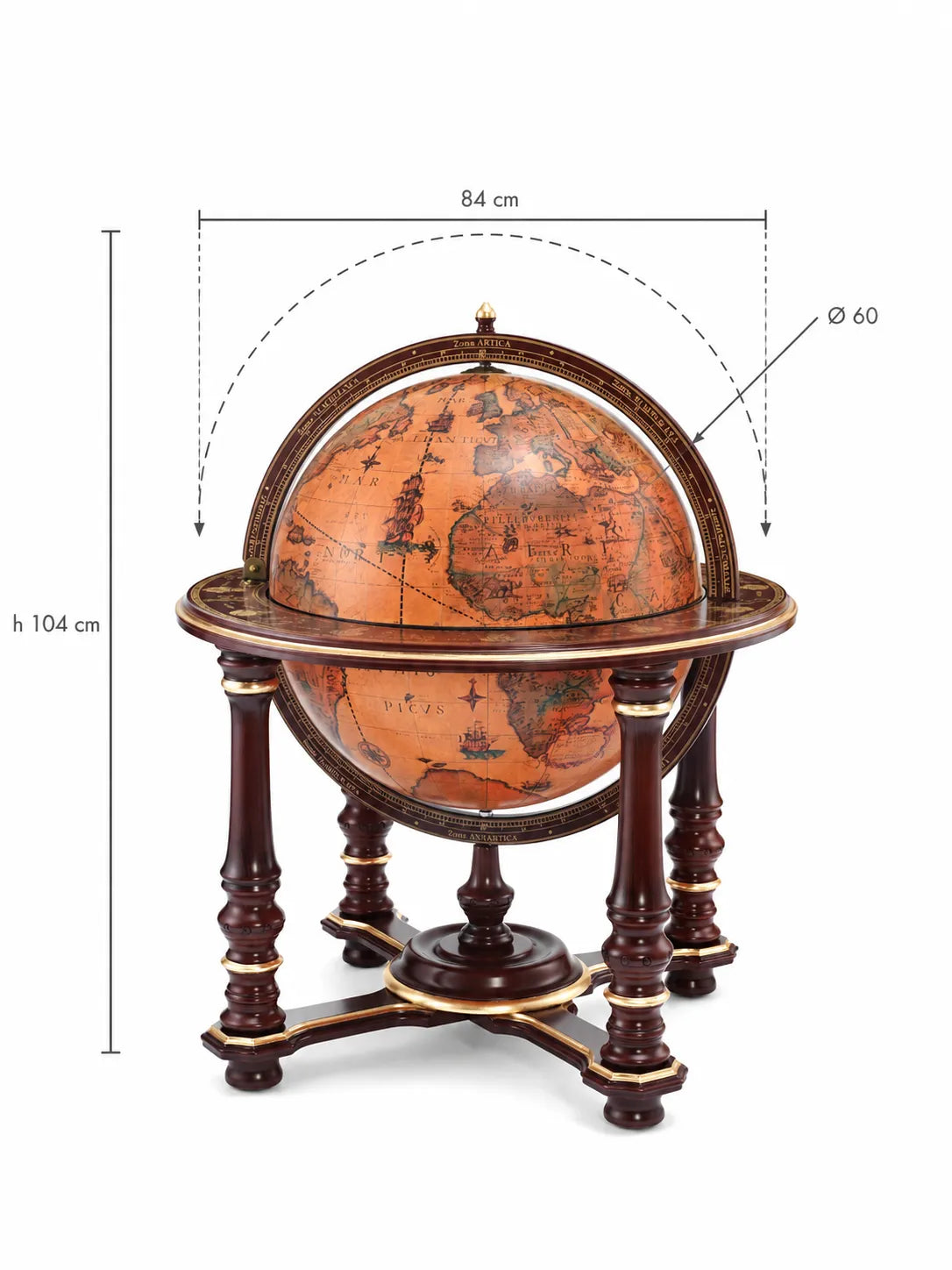 Zoffoli dimension diagram of the Afrodite globe bar with its decorated lower shelf.