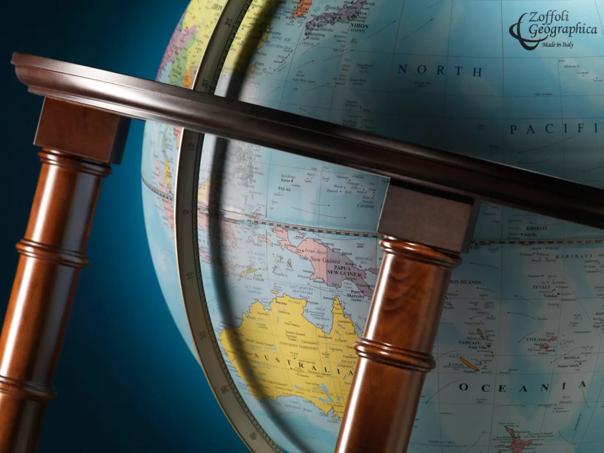 Zoffoli Sirio: detail of the blue world map, wooden horizontal ring and turned legs.
