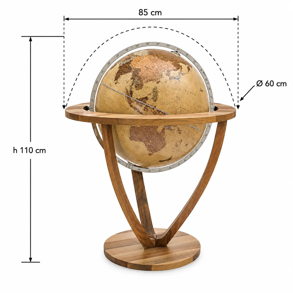 Zoffoli dimension diagram of the Trilogy globe with its wooden ring and three supports.