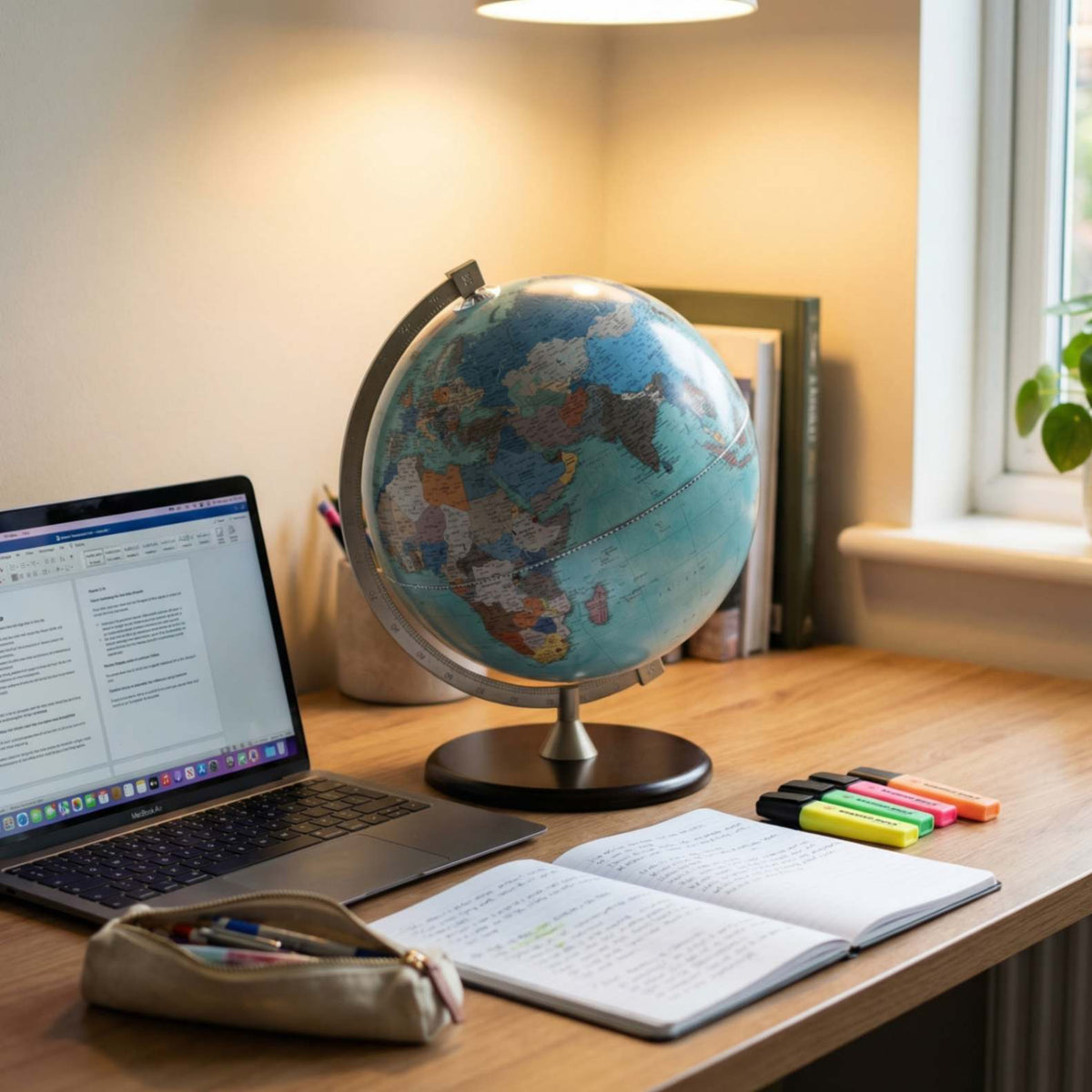 James Cook Aquamarine globe by Zoffoli on a desk beside a laptop and stationery.