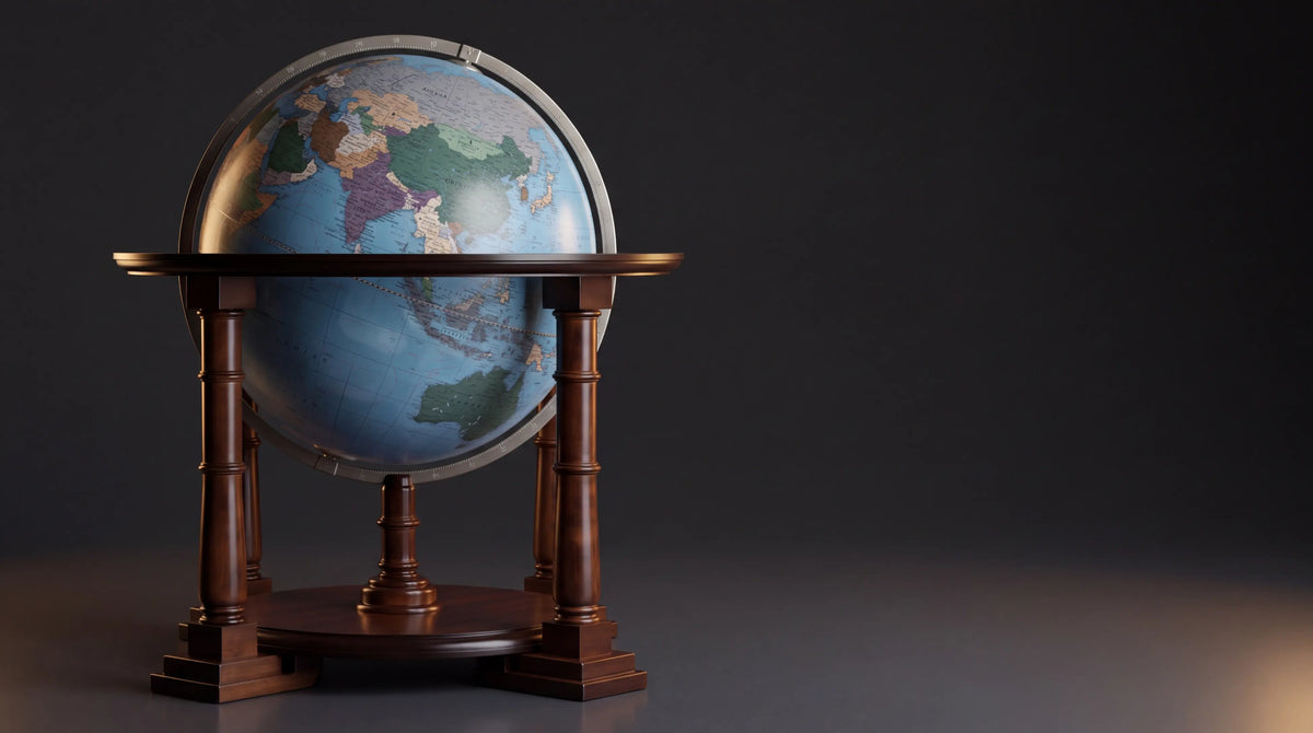 Mappamondo da terra Sirio Acquamarina Zoffoli con struttura in legno, foto di studio.