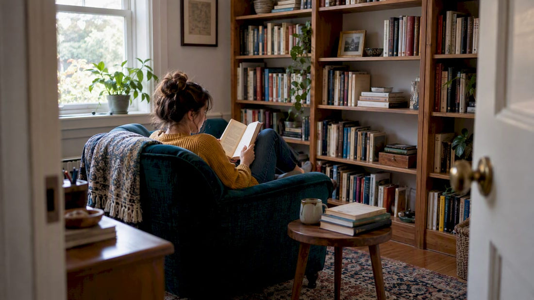 Lived-in home library with deep teal chair