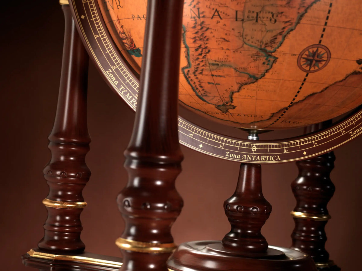 Zoffoli Afrodite: detail of the turned wooden legs, world map and gold-coloured trim.