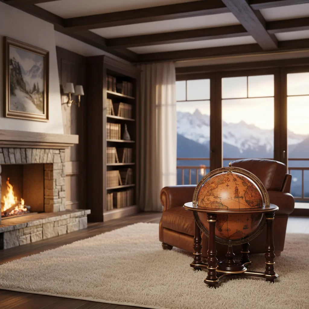 Zoffoli Afrodite: globe bar with a closed brown sphere beside a fireplace in a mountain-view living room.