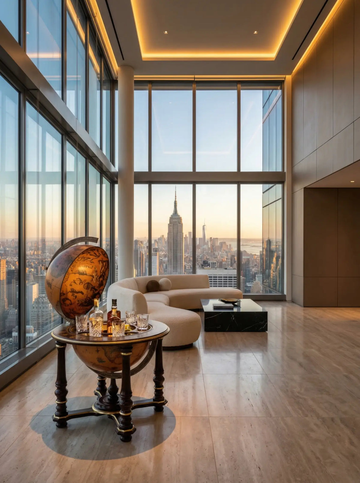 Zoffoli Afrodite: globe bar opened in a grand interior with tall windows and polished floors.