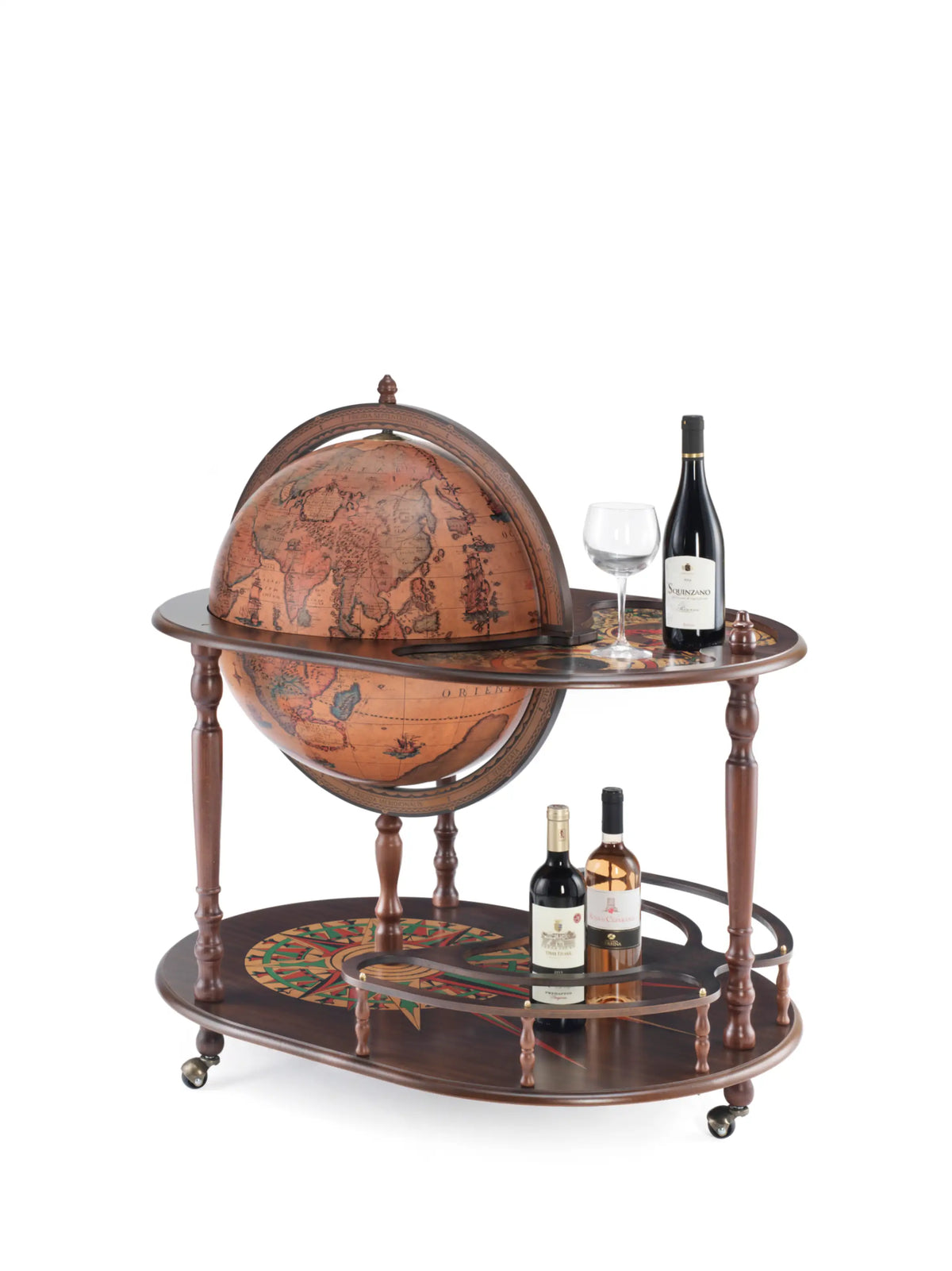 Zoffoli Artemide: Classic globe bar trolley with a closed sphere, side tray and lower shelf.