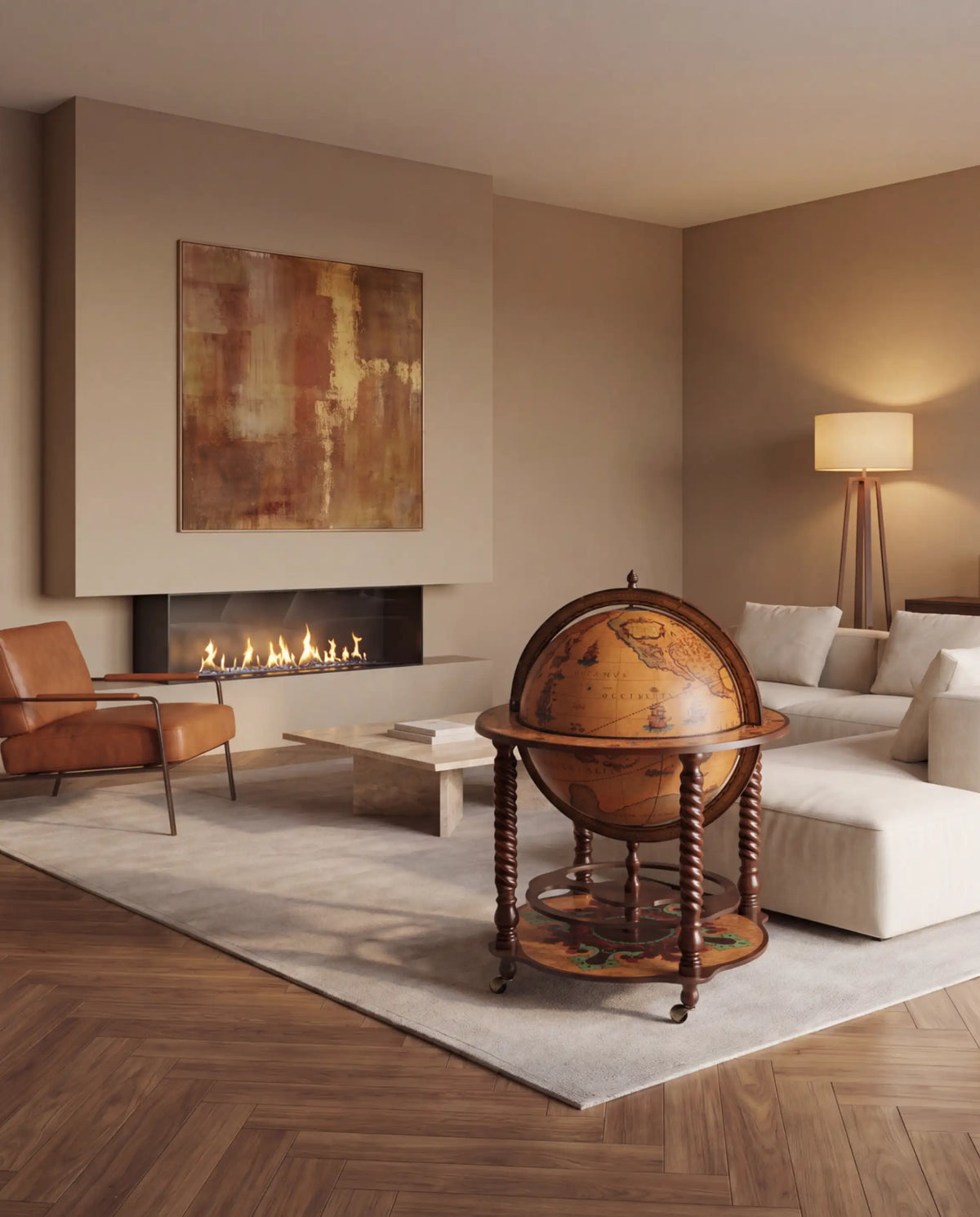 Zoffoli Bacco: Classic globe bar with its sphere closed in a softly lit living room.