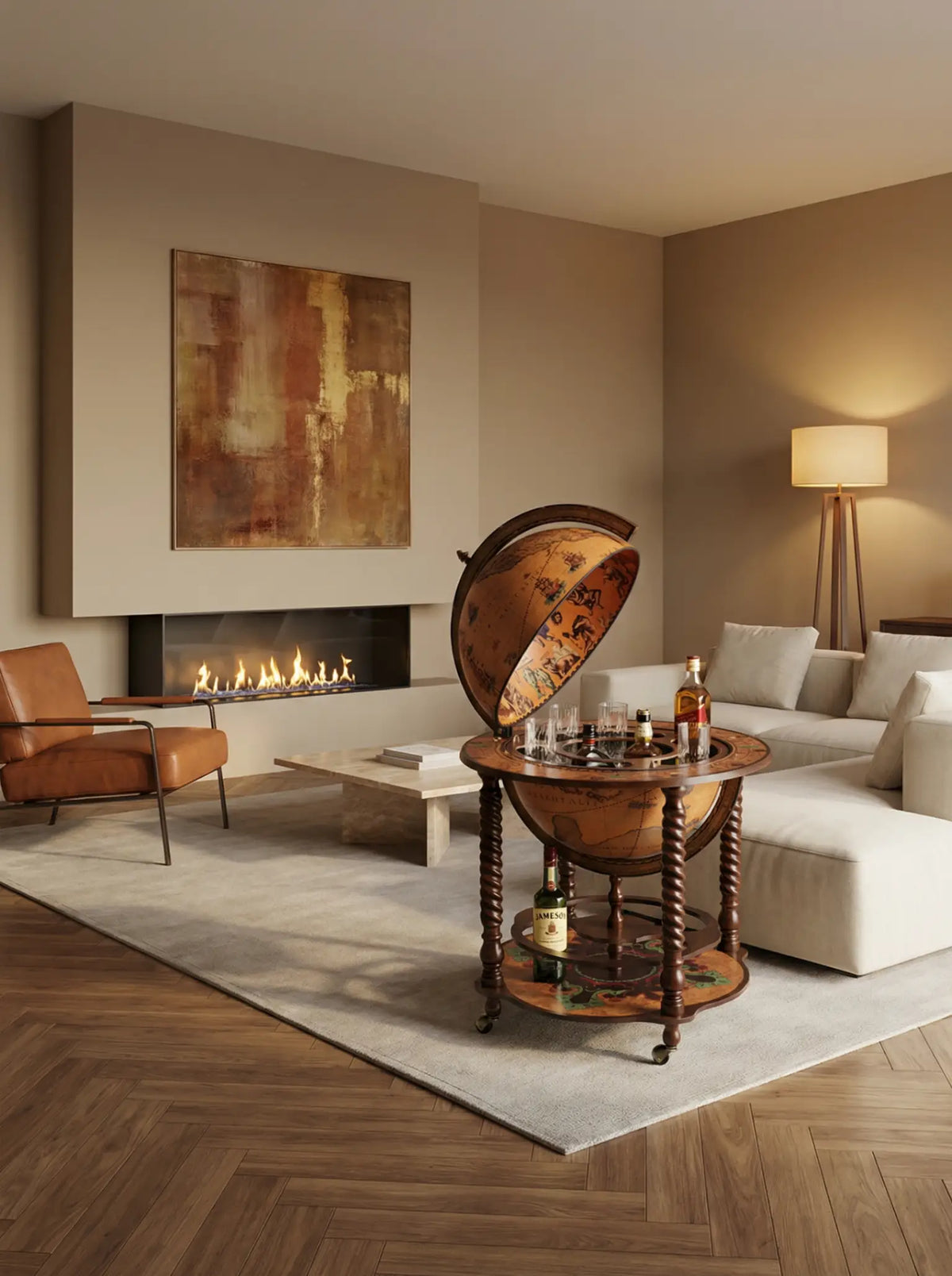 Zoffoli Bacco: Classic globe bar opened in a neutral living room with a sofa and coffee table.