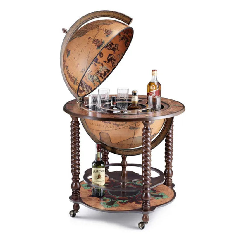 Zoffoli Bacco: Classic globe bar opened with bottles, glasses and decorated lower shelf.