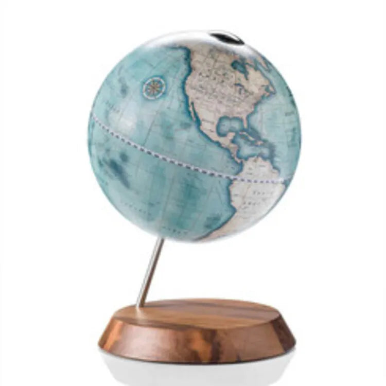 Zoffoli Bridge: Indigo desk globe with a blue world map, angled metal stem and wooden base.