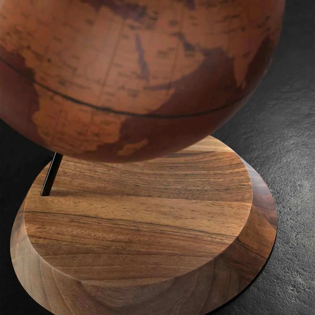Zoffoli Bridge: close-up of the Tecnocuoio globe's wooden base and lower brown map.
