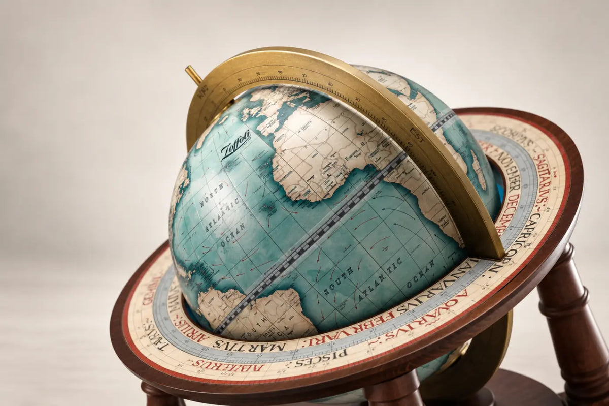 Zoffoli Cassini: detail of the blue globe and numbered ring viewed from above.
