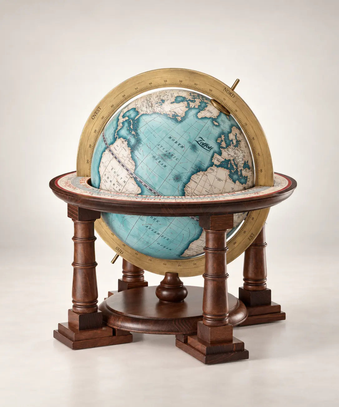 Zoffoli Cassini: full view of the blue tabletop globe with its wooden frame and circular ring.