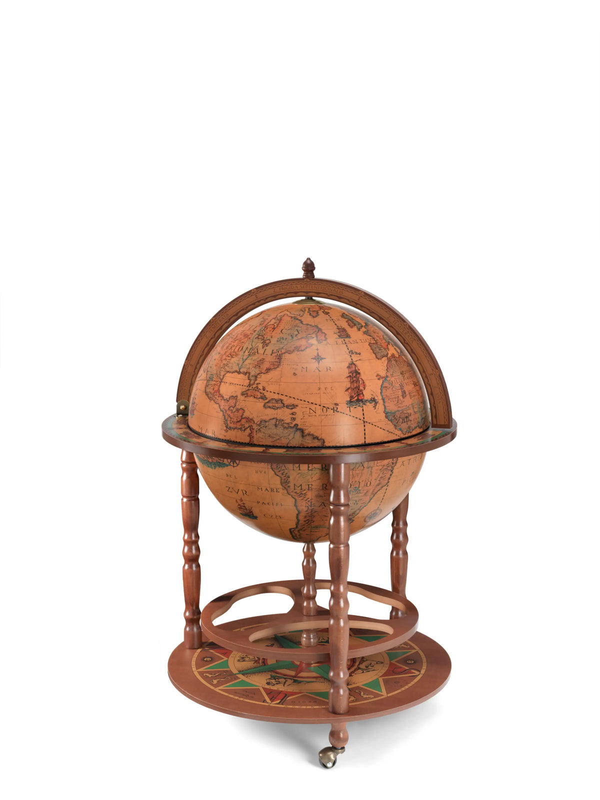 Zoffoli Calipso: Classic globe bar with a closed brown sphere and wooden lower shelf.