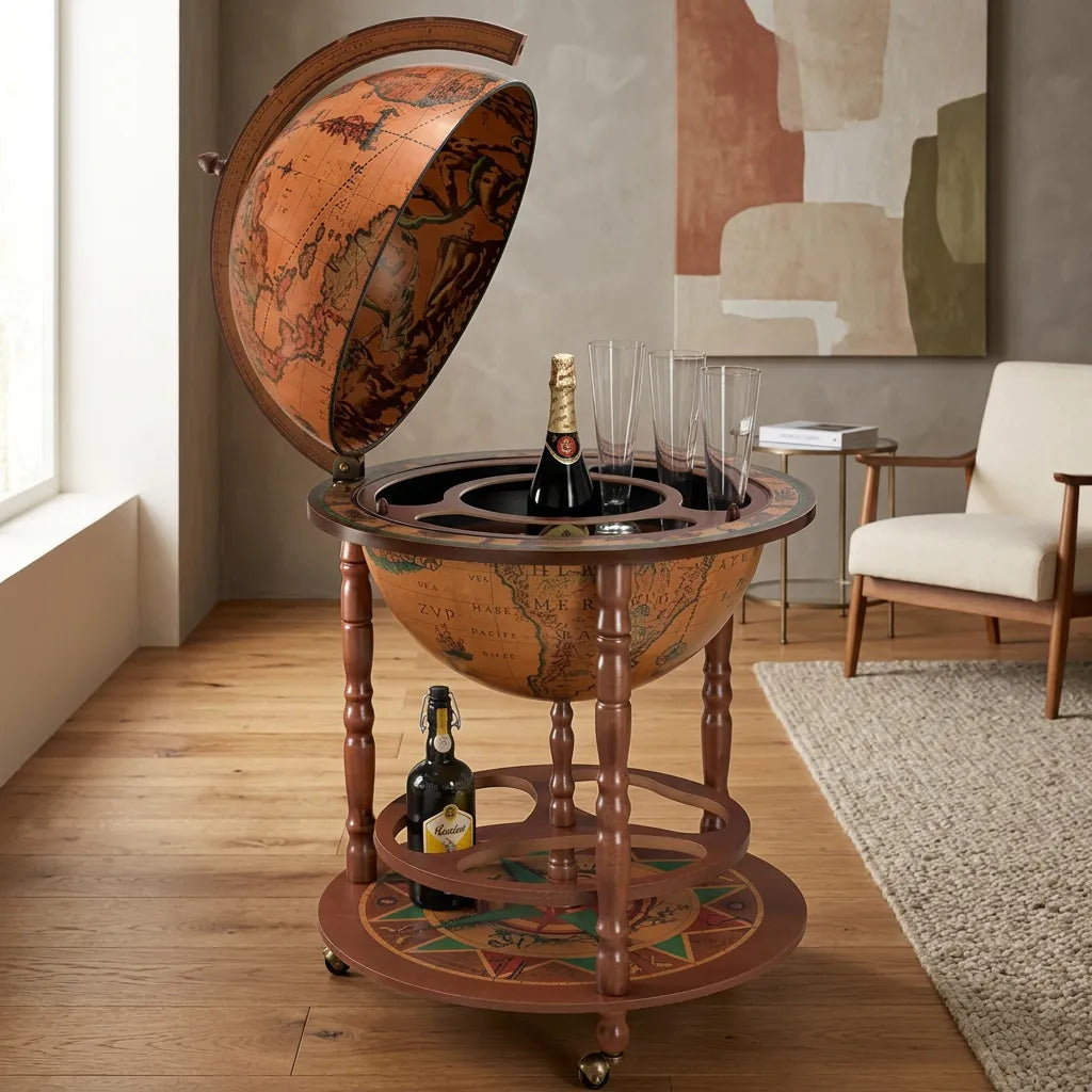 Zoffoli Calipso: open Classic globe bar in a bright living room beside an armchair.