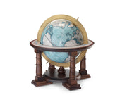 Zoffoli Cassini: blue tabletop globe with a wooden frame, turned supports and gold-coloured ring.