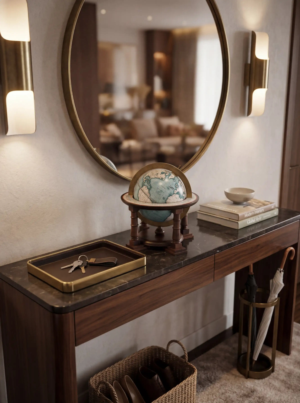 Zoffoli Cassini: tabletop globe on a console table beneath a mirror in a warm interior.