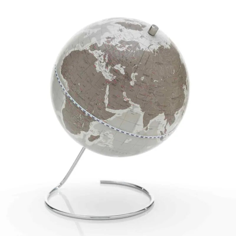 Zoffoli Cosmo: Grey tabletop globe with a monochrome world map and circular metal stand.