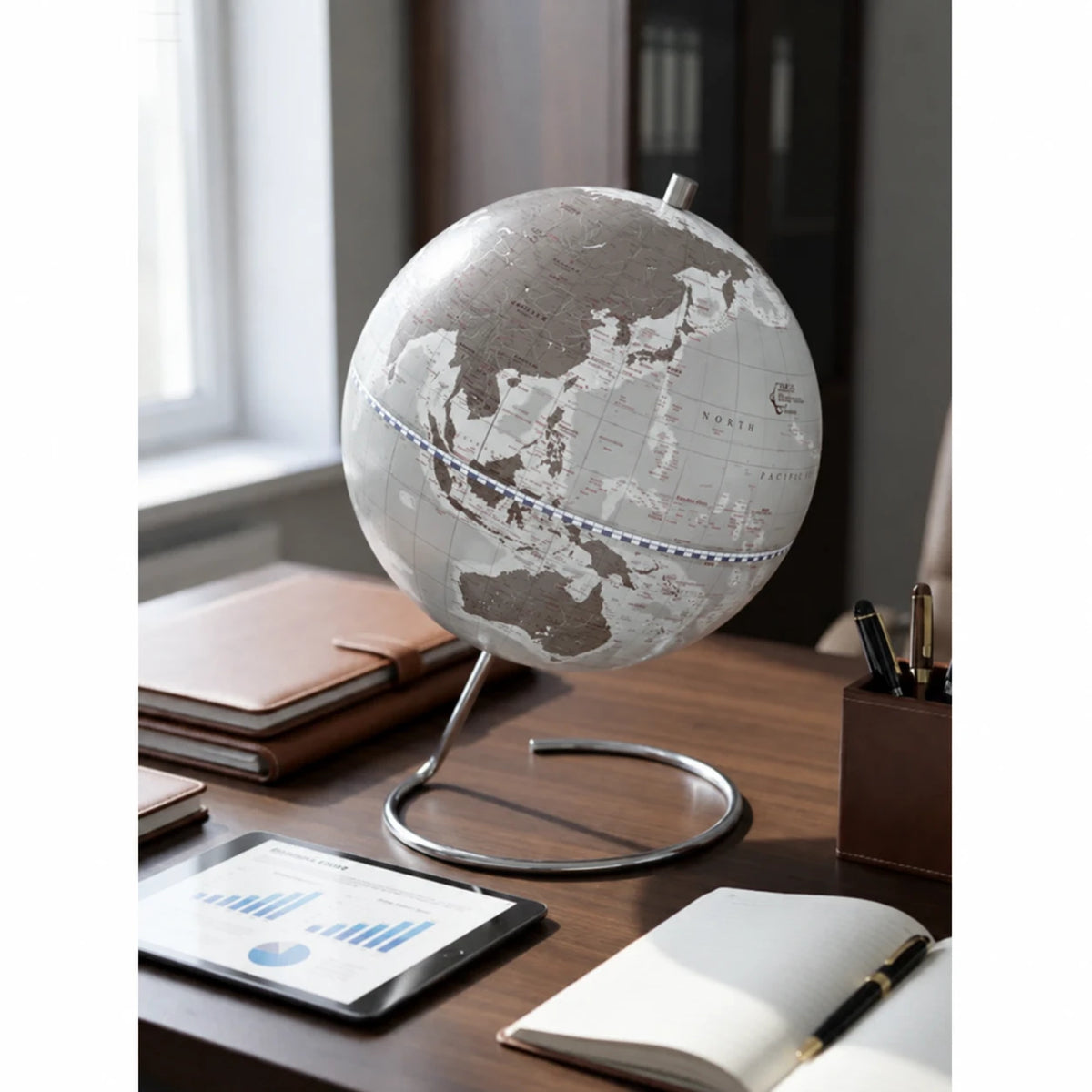 Zoffoli Cosmo: Grey globe on a desk beside a window and open notebook.