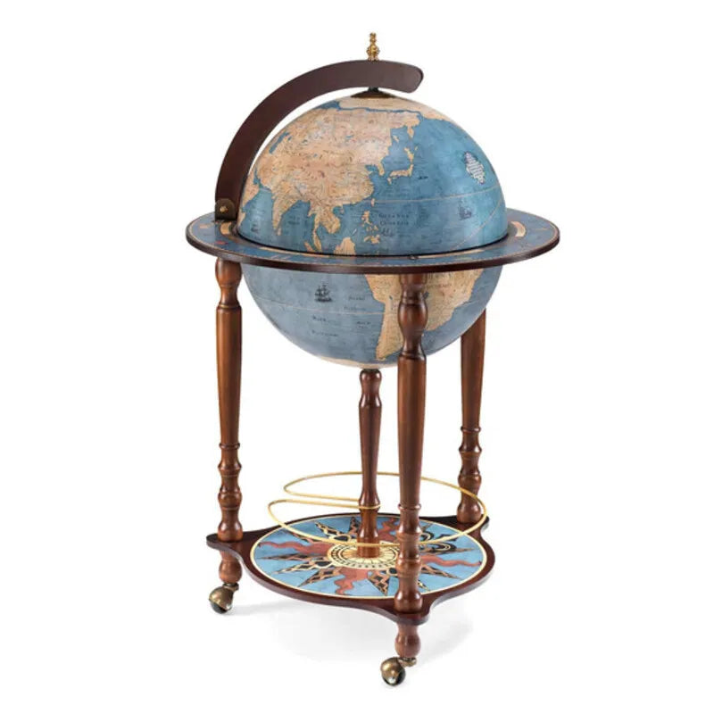 Zoffoli Da Vinci Blue Dust globe bar with a closed blue sphere, wooden legs and lower shelf.