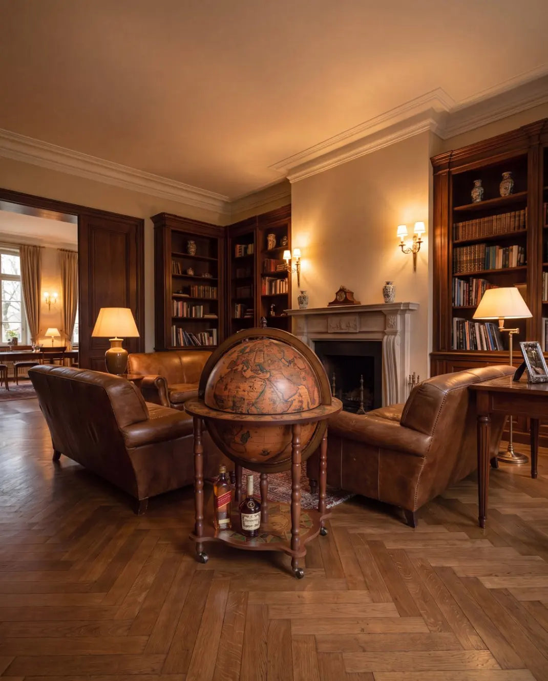 Mappamondo bar Zoffoli con cartografia classica chiuso in uno studio con libreria.