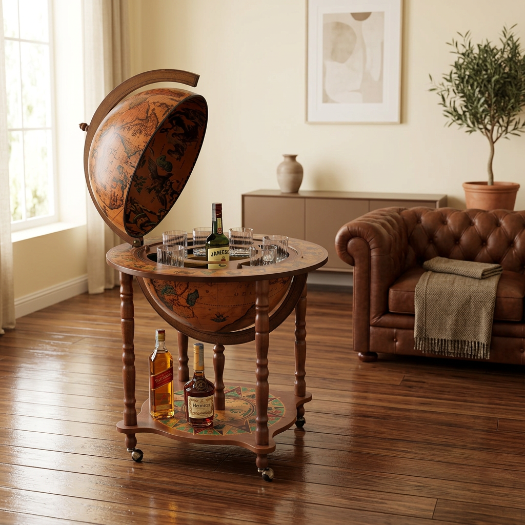 Zoffoli Dedalo: Classic globe bar opened beside a leather sofa and large windows.