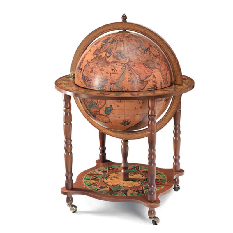 Zoffoli Dedalo Classic globe bar with its closed brown sphere and decorated lower shelf.