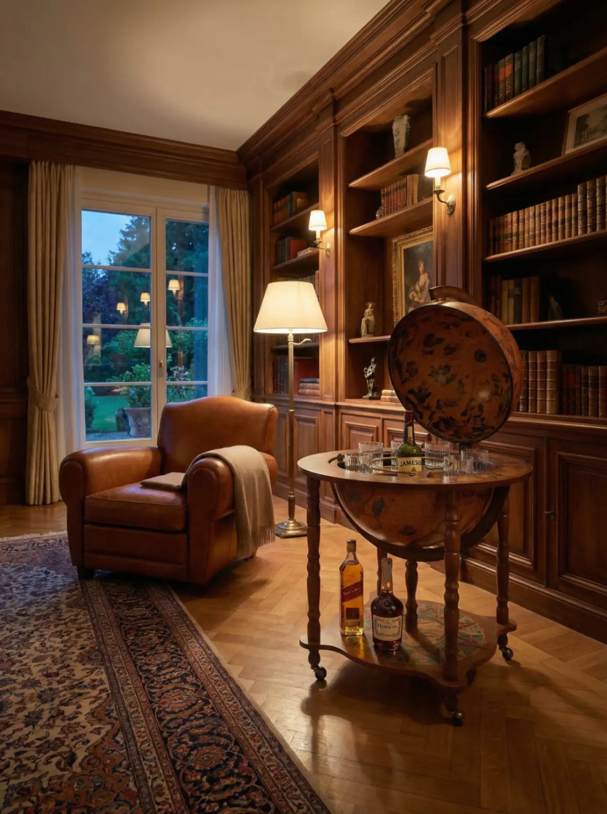 Dedalo Classic globe bar by Zoffoli in a warmly lit room with bookcases and an armchair.