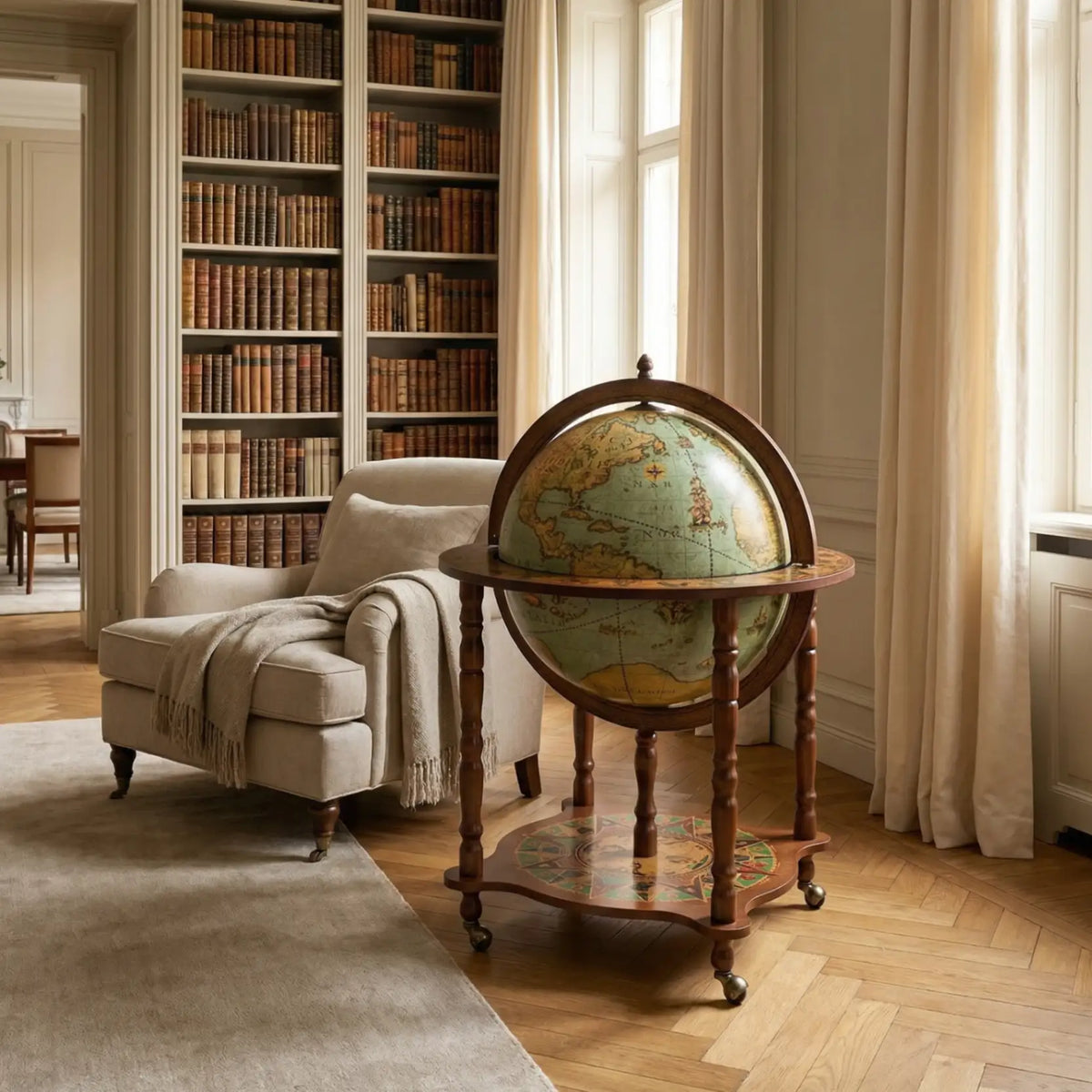 Zoffoli Dedalo: Lagoon globe bar beside an armchair and window in a bright library.
