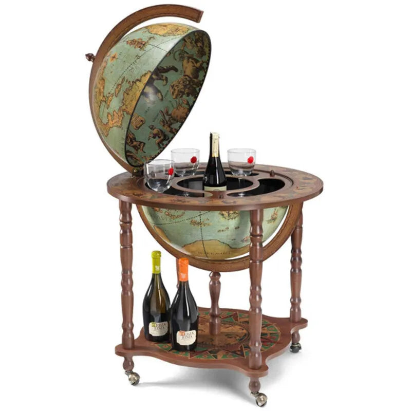 Zoffoli Dedalo Laguna globe bar with the upper hemisphere open and bottles on the lower shelf.