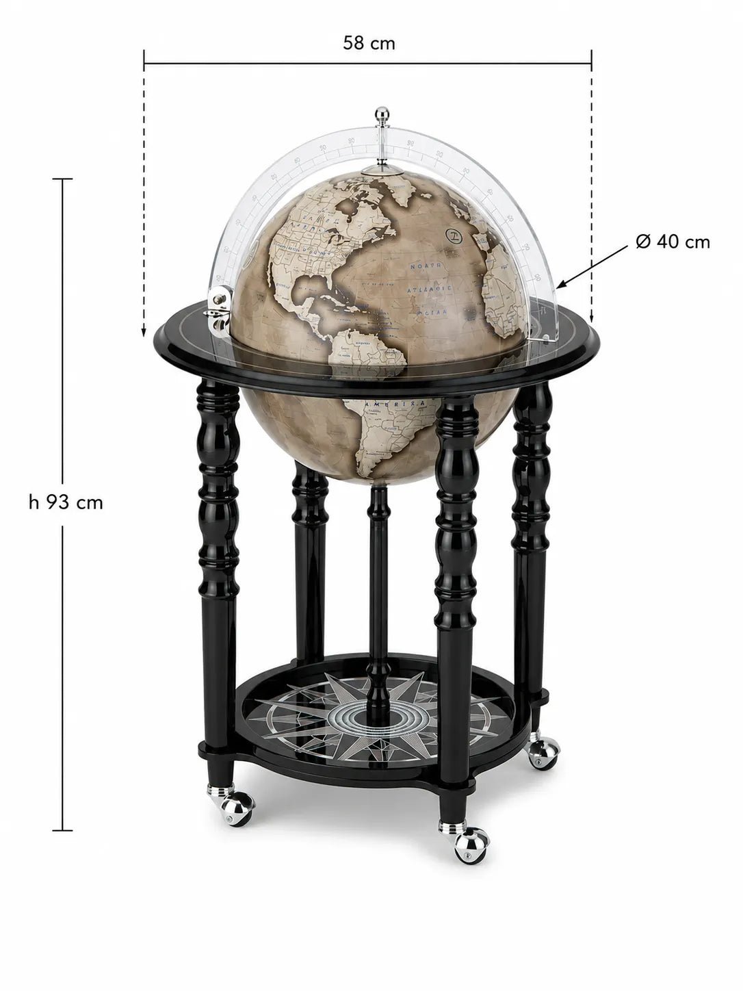 Zoffoli dimension diagram of the Elegance globe bar with turned legs and compass rose shelf.