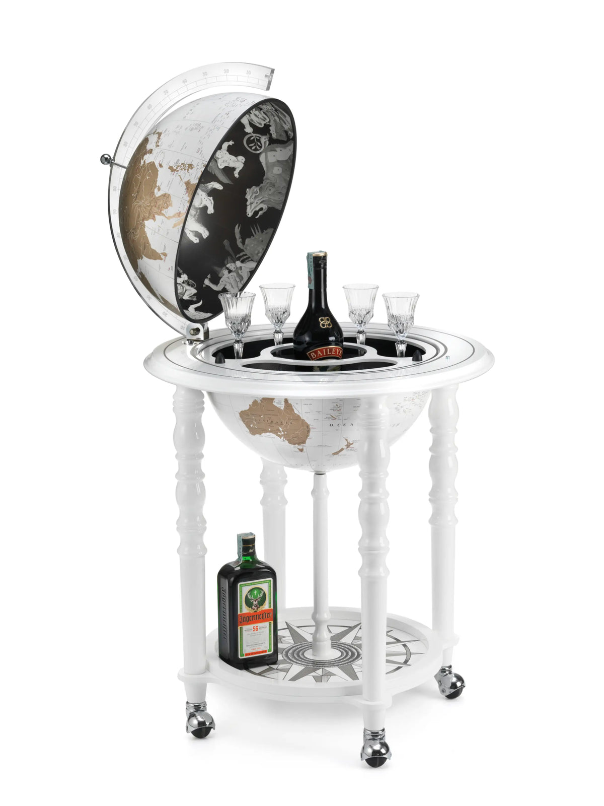 Zoffoli Elegance: White globe bar opened with bottles, glasses and glossy white wooden frame.