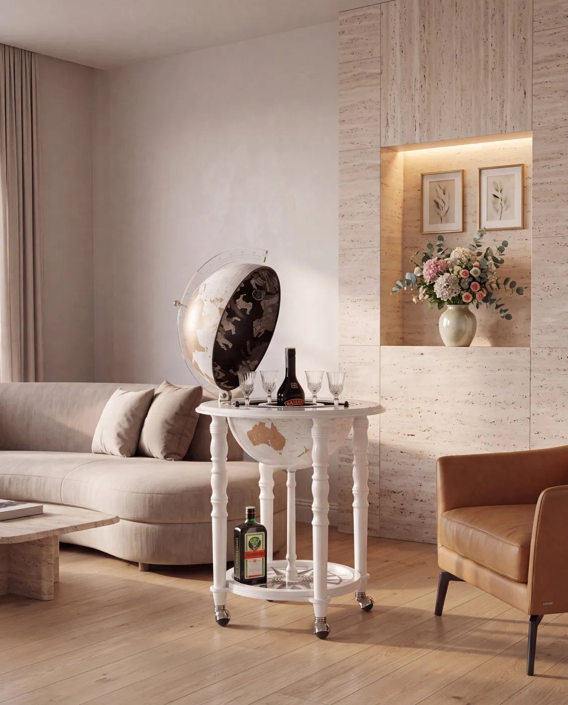 Zoffoli Elegance: White globe bar opened beside an armchair in a pastel-toned living room.