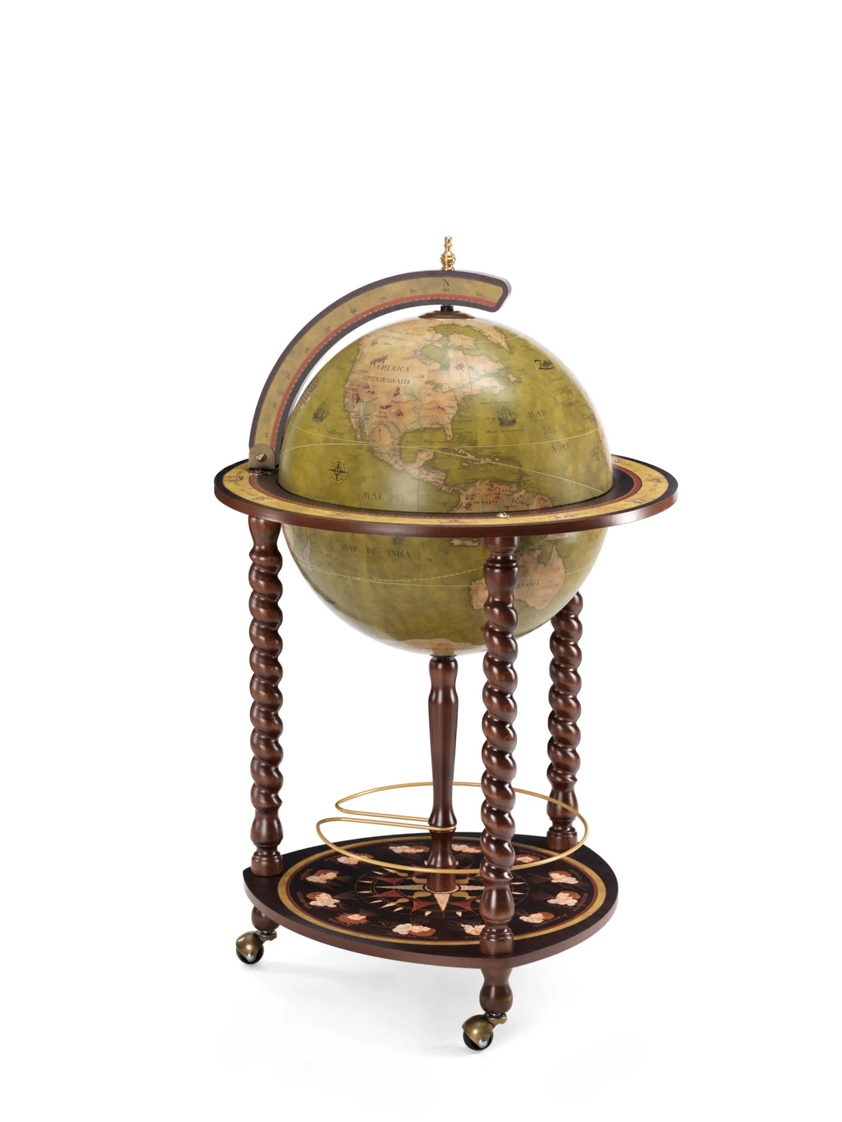 Zoffoli Explora: Olive Green floor-standing globe bar with a closed sphere and wooden legs.
