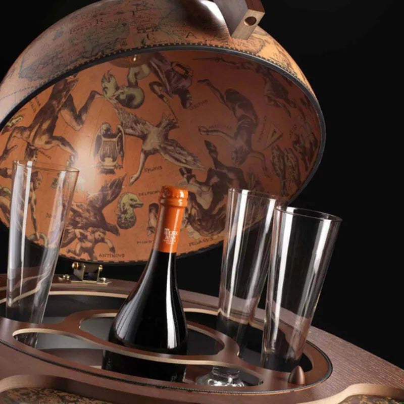 Zoffoli Giasone: open globe bar showing a wine bottle, glasses and the illustrated inner hemisphere.