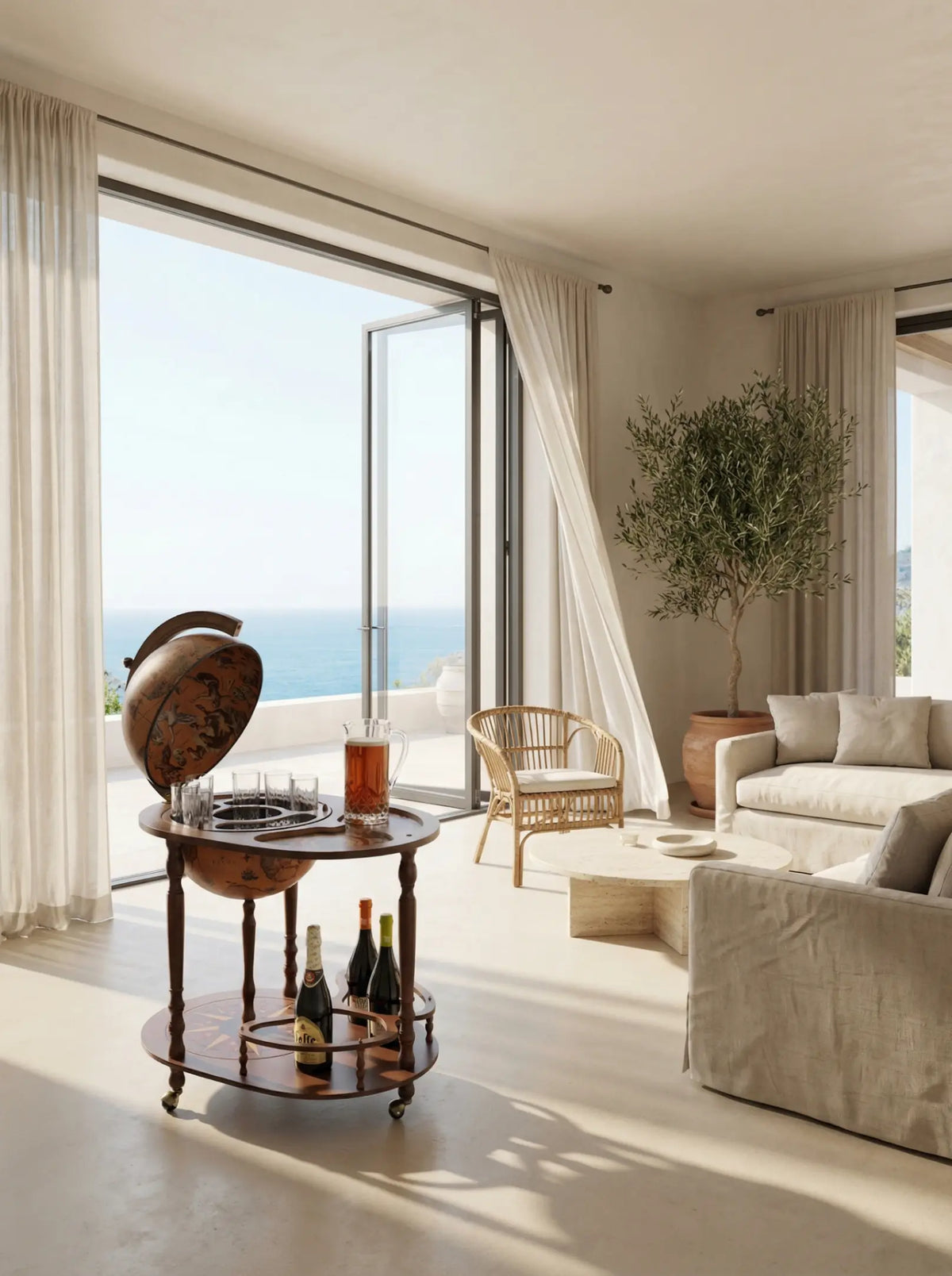 Zoffoli Giasone: open Classic Brown globe bar in a bright living room beside a sofa and windows.