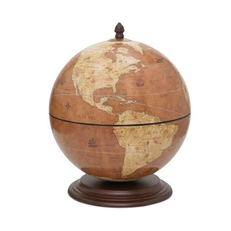 Zoffoli Giove: Rust tabletop globe bar with its brown sphere closed on a wooden base.