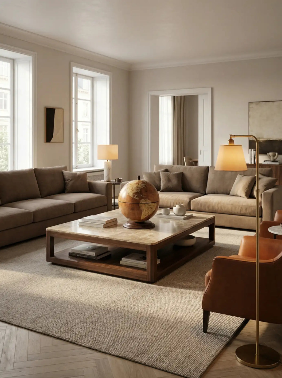Zoffoli Giove: tabletop globe bar on a coffee table in a neutral living room.