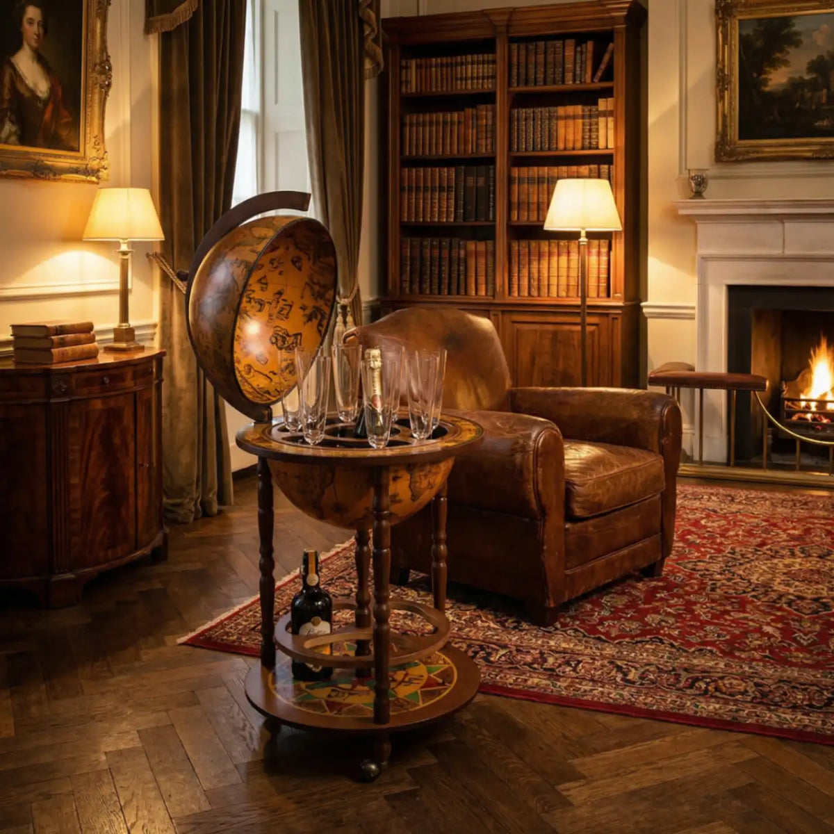 Giunone Classic globe bar by Zoffoli opened beside an armchair in a warmly lit study.