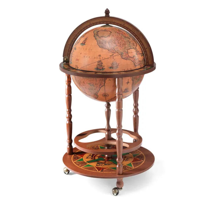 Zoffoli Giunone Classic globe bar with a closed sphere, wooden legs, lower shelf and wheels.
