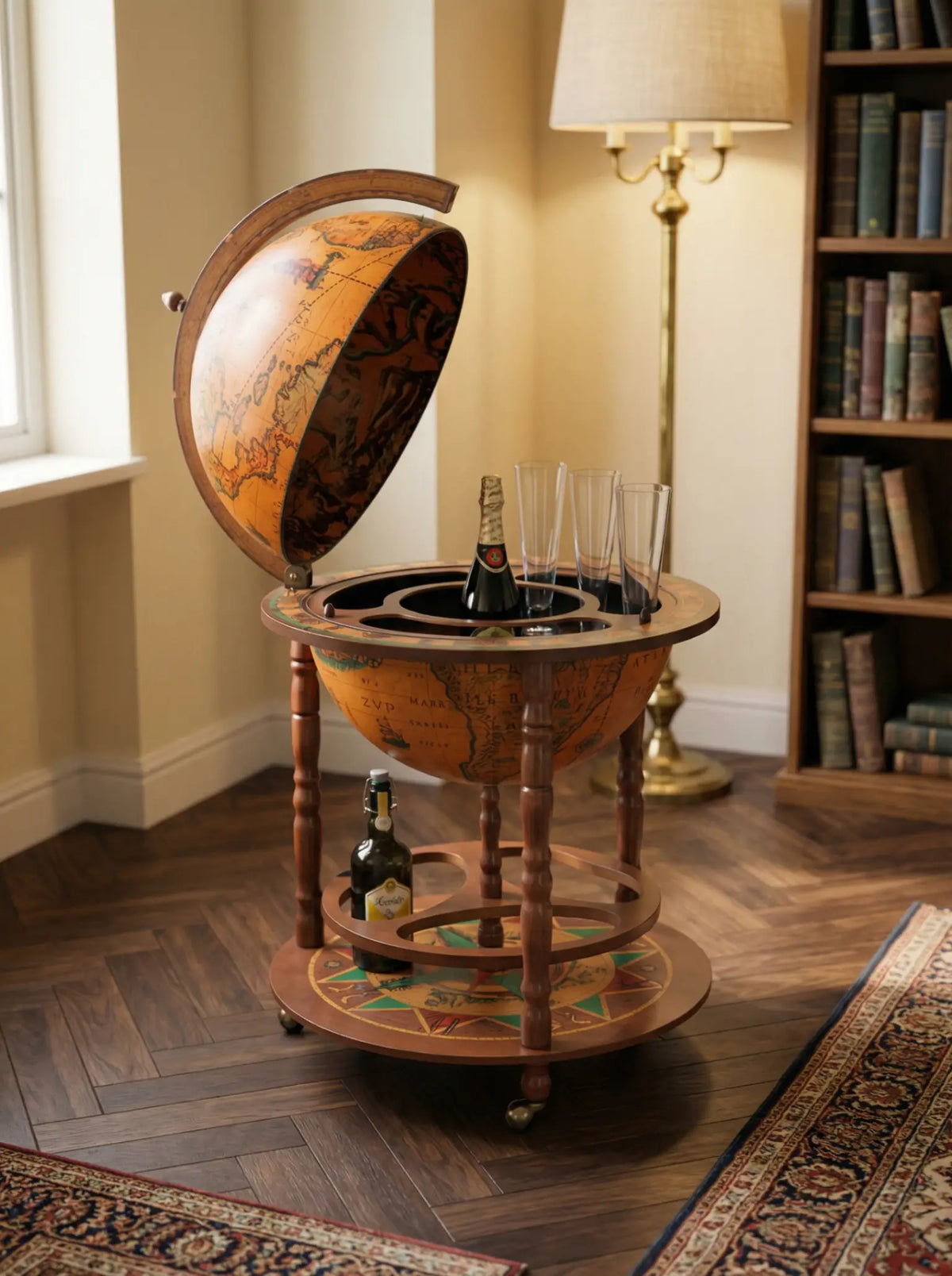 Zoffoli Giunone: open globe bar beside a bookcase in a sunlit living room.