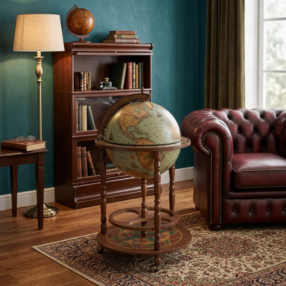 Zoffoli Giunone: Laguna globe bar beside a leather armchair and bookcase in a traditional study.