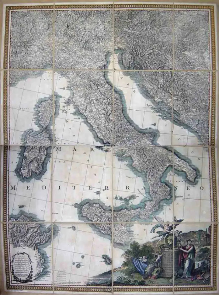 Zoffoli colour version of the Rizzi Zannoni map of Italy with an illustrated cartouche.