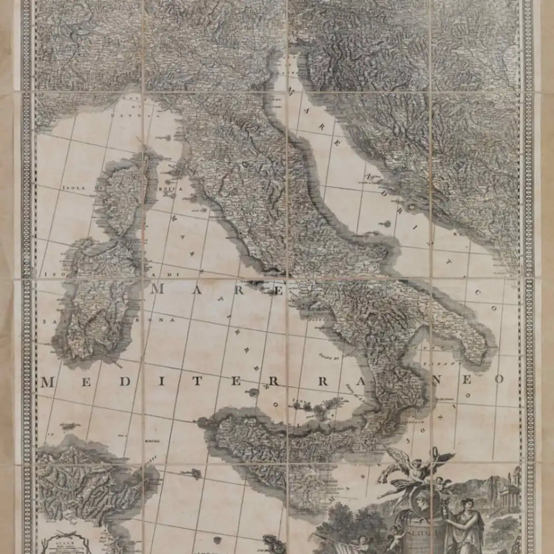 Zoffoli detail of Italy and the Mediterranean on the monochrome Rizzi Zannoni map.