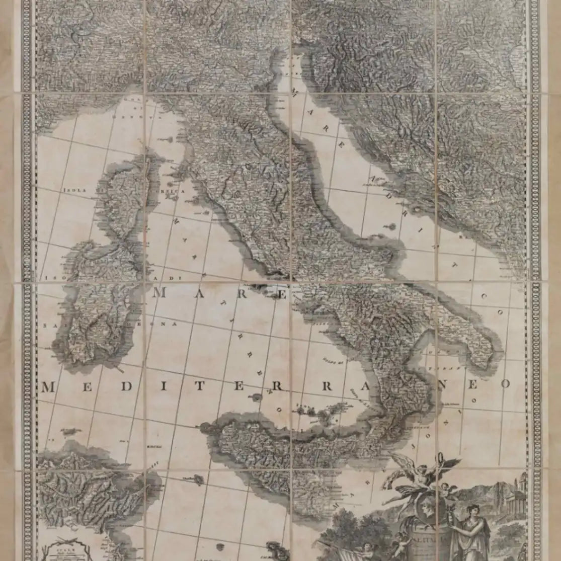 Zoffoli detail of Italy and the Mediterranean on the monochrome Rizzi Zannoni map.