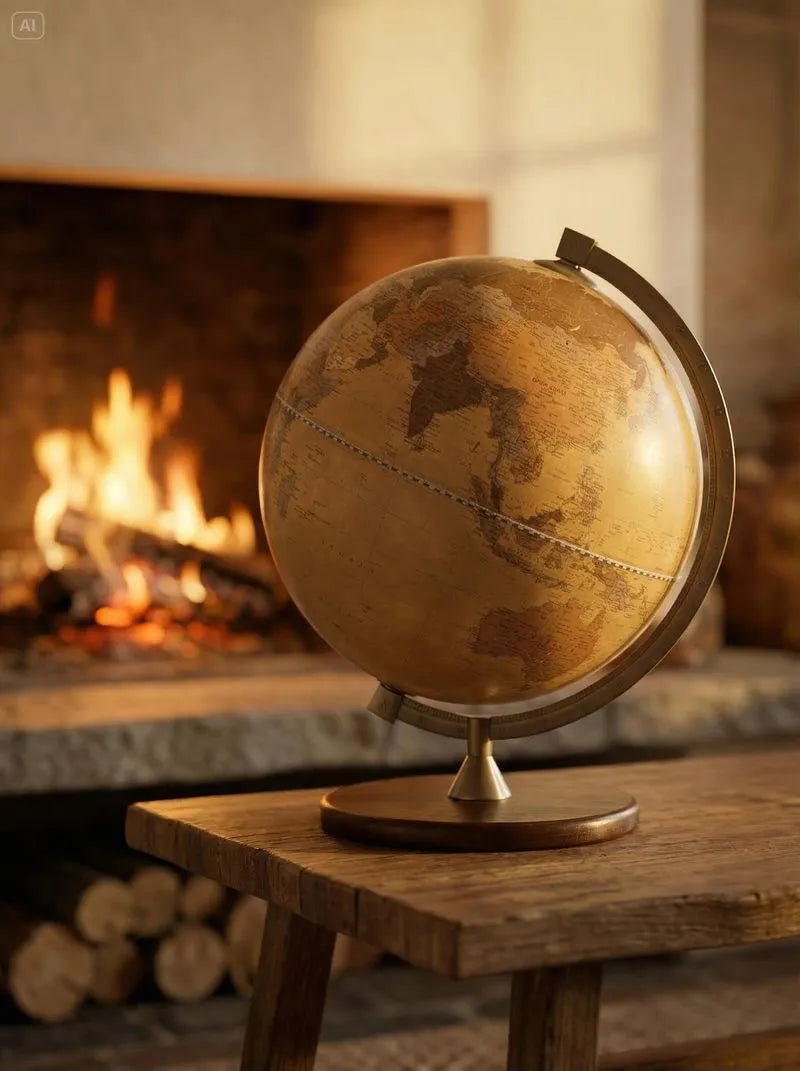 Zoffoli James Cook: Apricot desk globe beside a fireplace on a wooden side table.